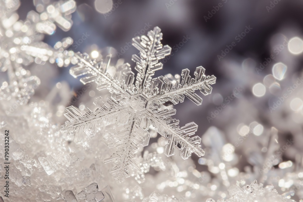 This close-up photo captures the intricate details of a single snowflake against a blurred backdrop, Crystalline snowflakes up close, AI Generated