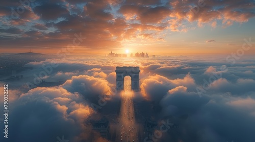Surreal frontal arc de triomphe in the the aethereal and beautiful cinematic frontal landscape, generated with AI photo