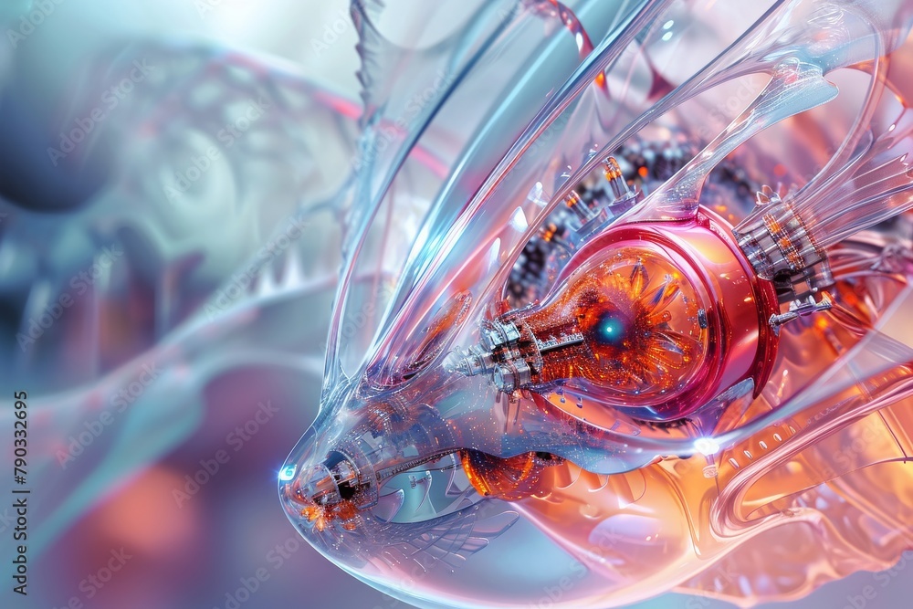 A detailed view of a glass object with a vibrant red light emitting from within, Cybernetic organism portrayed in an abstract, futuristic way, AI Generated A detailed view of a glass object with a vibrant red light emitting from within, Cybernetic organism portrayed in an abstract, futuristic way, AI Generated