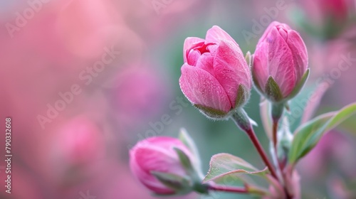 Two pink flower buds on branch photo