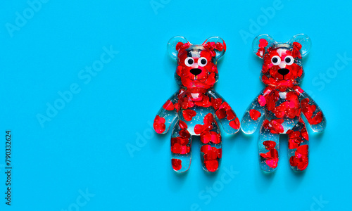 Pair of Transparent Bears with Floating Hearts and Glitters