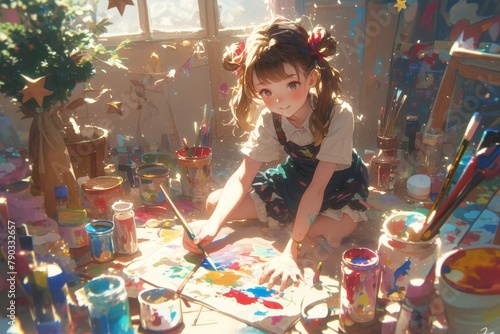 A young girl painting on the floor with paint, surrounded by colorful paints and brushes. She is wearing an artistic outfit and has her hair in pigtails. 