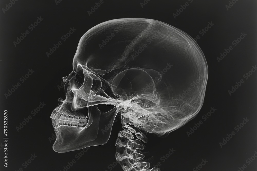 This photograph depicts an x-ray image of a human skull with a ...