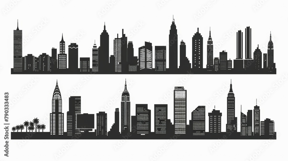 Fototapeta premium set of City silhouette in flat Silhouette solid simple bold clean black artwork on white background. 
