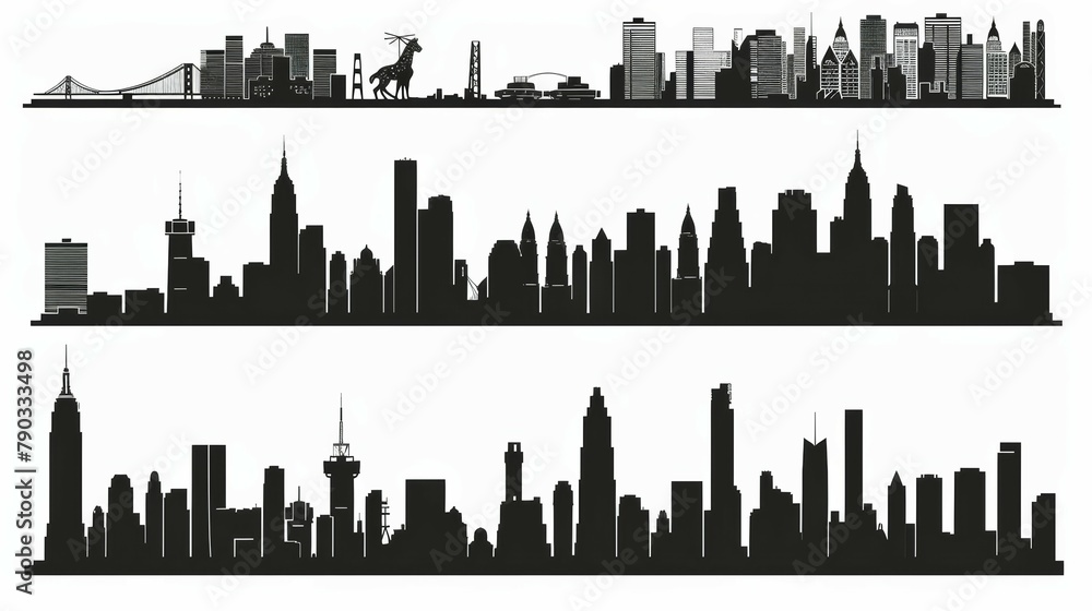 Obraz premium set of City silhouette in flat Silhouette solid simple bold clean black artwork on white background.