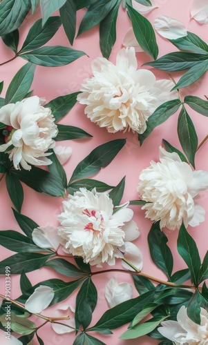 White Flowers and Green Leaves on a Pink Background