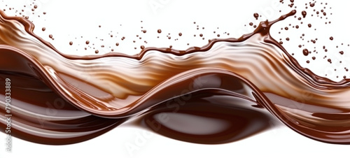 Dynamic wave of chocolate splashing with droplets, isolated on white background, ideal for food and drink themes.
