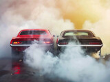 cars face off in a smoke-filled battle.
