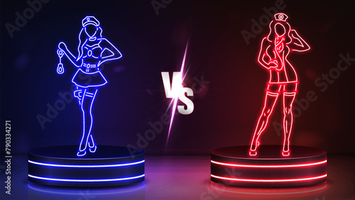 Sexy nurse girls vs a woman in a leather skirt, handcuffs and stockings. A concept for a sex shop.