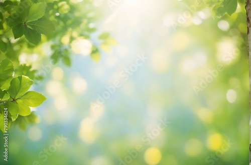 summer green foliage of tree leaves and a bright sunny bokeh background.