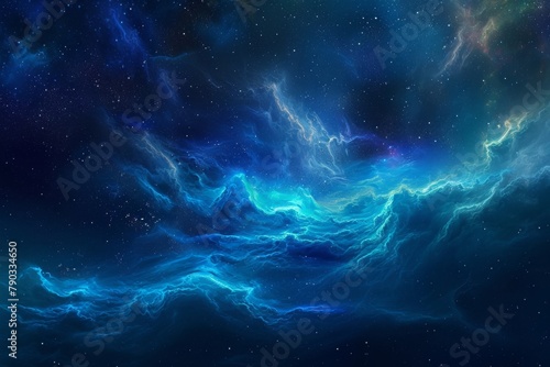 A photo of a blue and black background decorated with stars and clouds  Deep sea colors blending in a serene space nebula  AI Generated