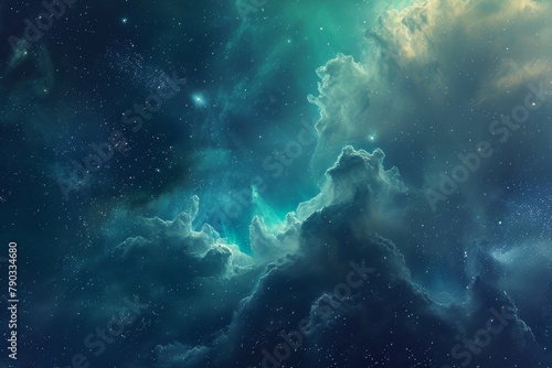 An image showing a night sky filled with stars and clouds  illuminating the darkness with their celestial glow  Deep sea colors blending in a serene space nebula  AI Generated