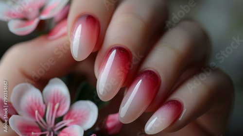 Female hands with pink red nail design 