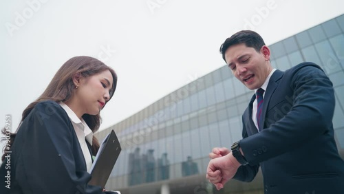 Shot of young white male boss supervisor shout at his employee due to unsatisfied work, working deadlines, ceo yelling at secretary for being Irresponsible and fail in work, angry frustrated manager photo