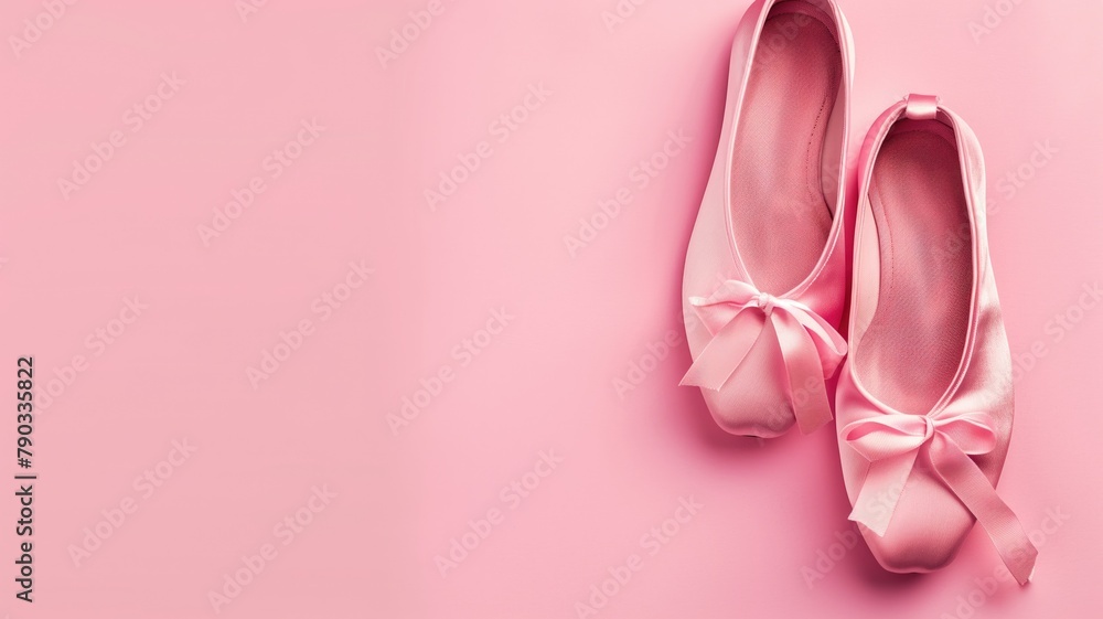 Pair of pink ballet flats with bows on background Pair of pink ballet flats with bows on background