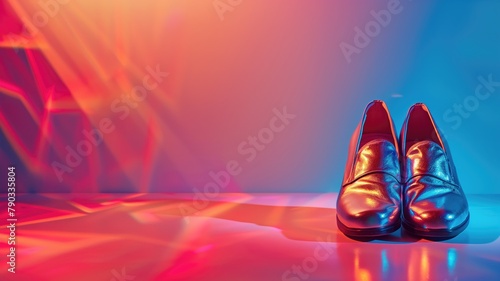 Shiny black dress shoes on reflective surface with colorful lighting
