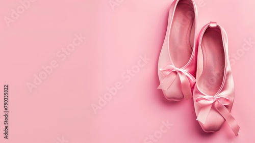 Pair of pink ballet flats with bows on background