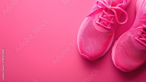 Pink running shoes on matching pink background photo