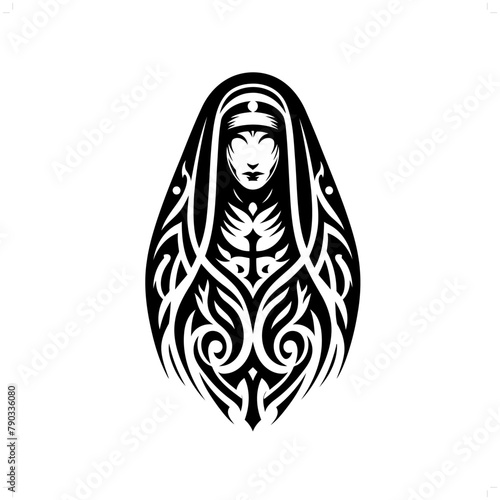 nun in modern tribal tattoo, abstract line art of people, minimalist contour. Vector