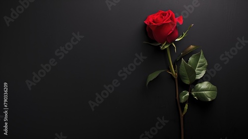 Single red rose laying diagonally on dark, black background
