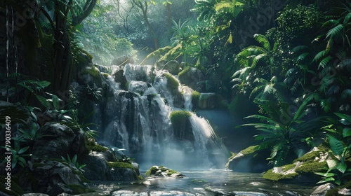 A pristine waterfall cascading down moss-covered rocks into a crystal-clear pool below  surrounded by lush greenery and framed by towering trees.