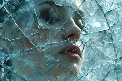 A woman peers through a shattered glass window, revealing a view of the outside world, Depict the fragility of life with broken shards of glass, AI Generated