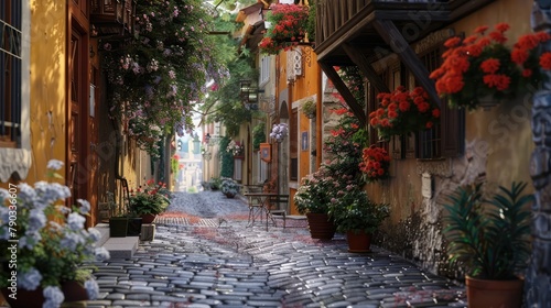 A quaint cobblestone street winding through an ancient European town, lined with charming cafes and colorful facades adorned with blooming flower boxes, exuding timeless charm and old-world romance.