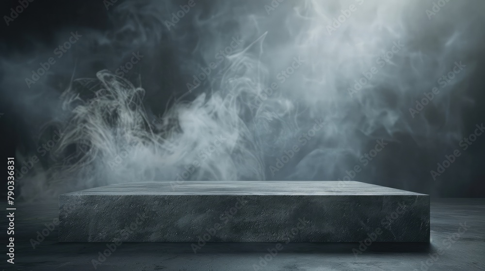 Gray textured concrete platform, podium or table with smoke in the dark. Gray textured concrete platform, podium or table with smoke in the dark.