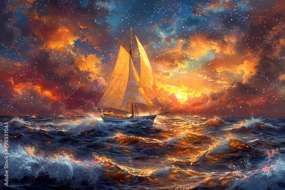 A painting of a sailboat on a rough sea with a starry night sky and ...