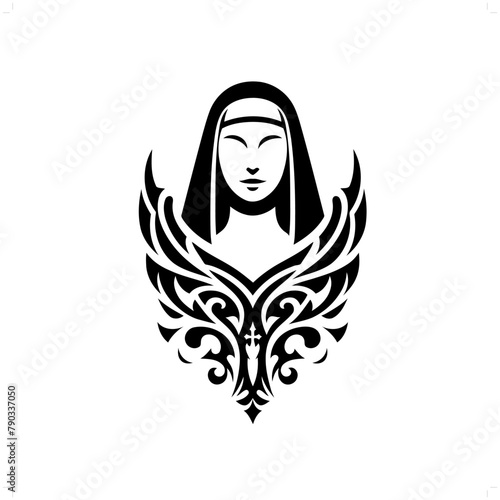 nun in modern tribal tattoo, abstract line art of people, minimalist contour. Vector