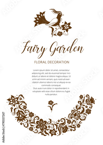 Vector floral semicircle frame, bird, vignettes, border, card design template. Flower silhouette elements in Oriental style. Floral borders, flower illustration.
