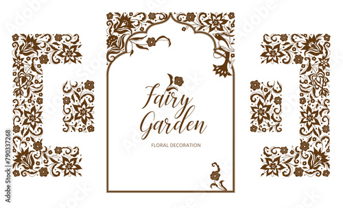Vector floral square frame; bird, vignette; card design template. Element in Oriental style. Floral silhouette border; premade card. Linear ornament. Isolated ornaments.