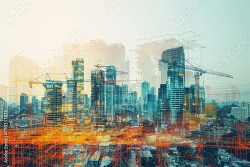 A Vast Cityscape Dominated by Tall Skyscrapers, Design of an advanced city as a backdrop to a construction site in double exposure, AI Generated photo