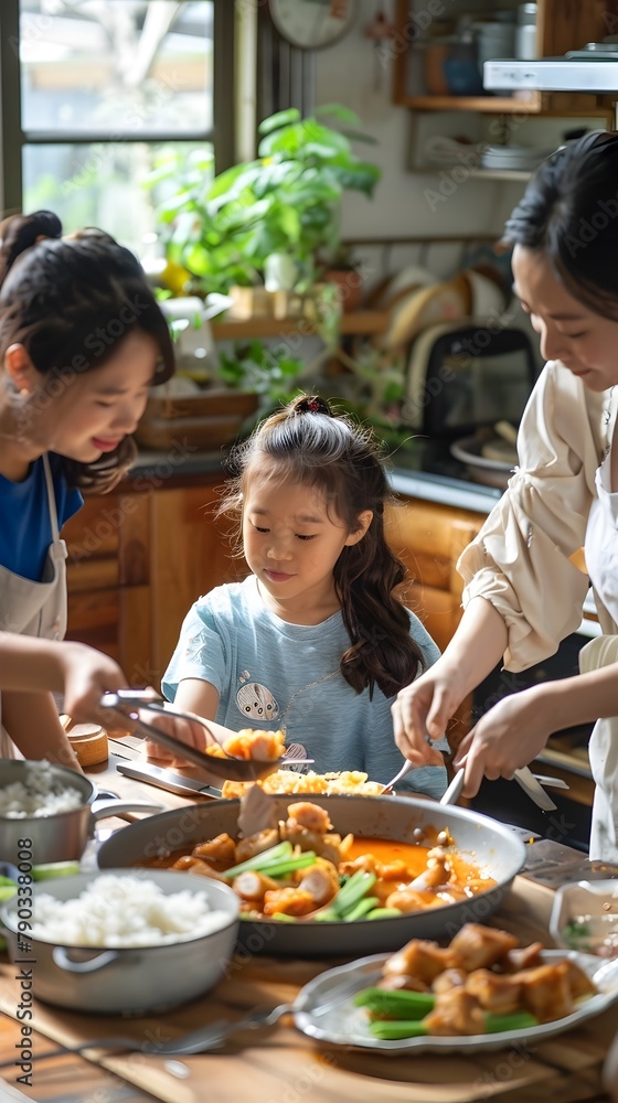 Thai Family Enjoying Homemade Pork Pan Meal Together in Cozy Kitchen
