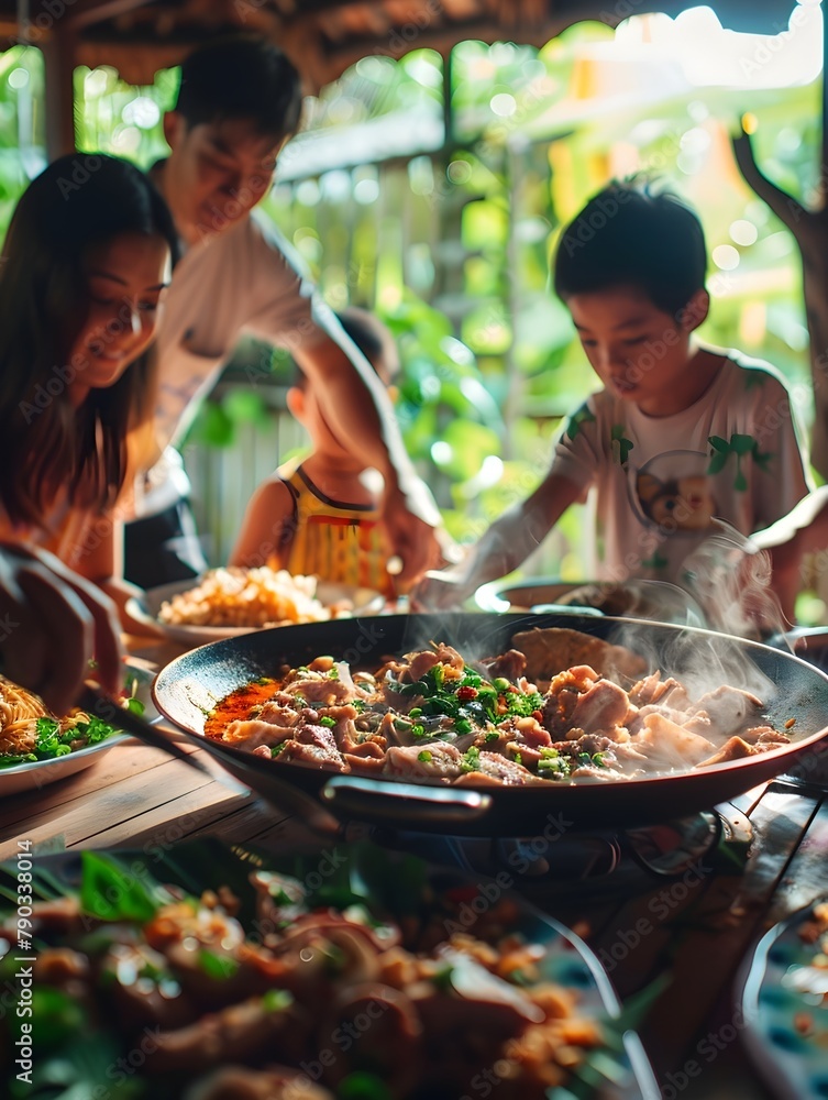 Thai Family Sharing a Homemade Pork Pan Meal Together in Warm,Cozy Setting