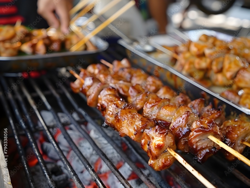 Thai Street Vendor Grilling Flavorful Pork Skewers Over Sizzling Hot Flames