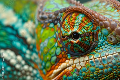 A detailed view of a chameleons vibrant face showing its intricate patterns and hues, Detail of a chameleon's skin up close, AI Generated © Ifti Digital