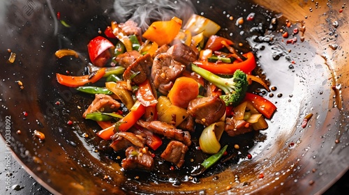 Vibrant Asian-Inspired Pork and Vegetable Stir-Fry in a Sizzling Wok
