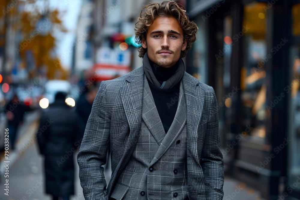 Fototapeta premium A stylish, handsome man strolls through the city, exuding elegance and confidence in his fashionable attire.