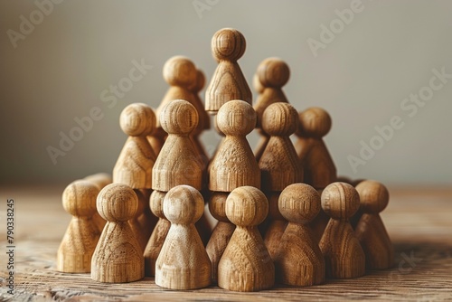 A symbolic stack of wooden pawns represents the concept of teamwork and leadership in business.