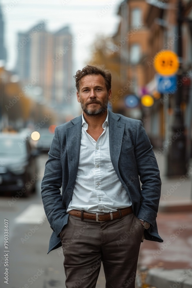 A confident, stylish businessman in a jacket strolls through the city, exuding professionalism. A confident, stylish businessman in a jacket strolls through the city, exuding professionalism.