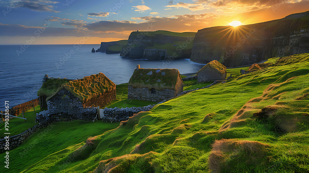 Capture serene Irish coastal village at sunset, showcasing quaint cottages, rugged cliffs, and serene sea under warm hues of twilight sky. Perfect for travel and scenic concepts. - obrazy, fototapety, plakaty 