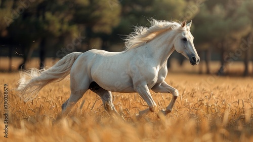 A majestic white horse runs freely through a vast field of tall, golden grass under the warm sunlight.