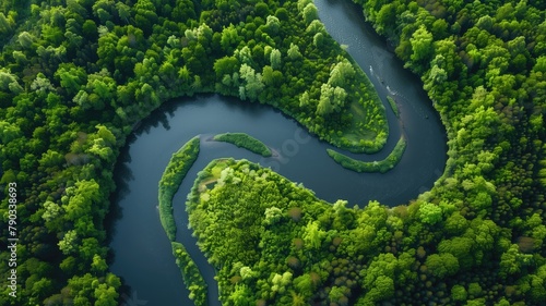 Aerial view of river winding through lush green forest