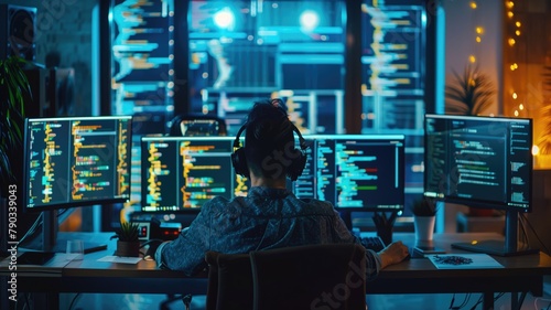 Person at multi-monitor computer setup with code on screens