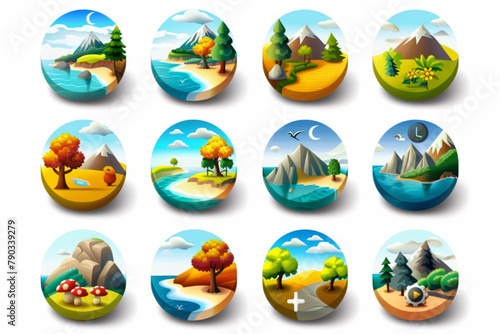 Set of landscapes of summer and autumn in the park, beach near the sea and mountain view 3D avatars set vector icon, white background, black colour icon