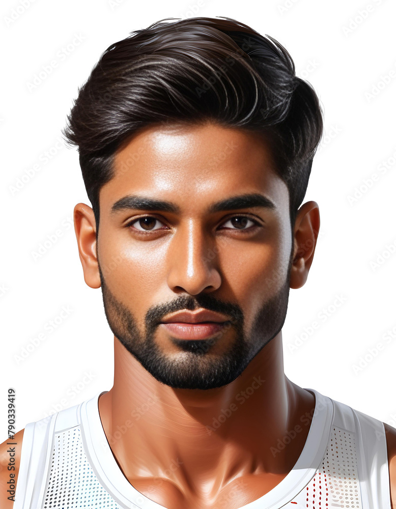 Obraz premium Handsome young South Asian man with stylish hair, wearing a tank top, isolated on a transparent background, ideal for fashion and cultural diversity concepts