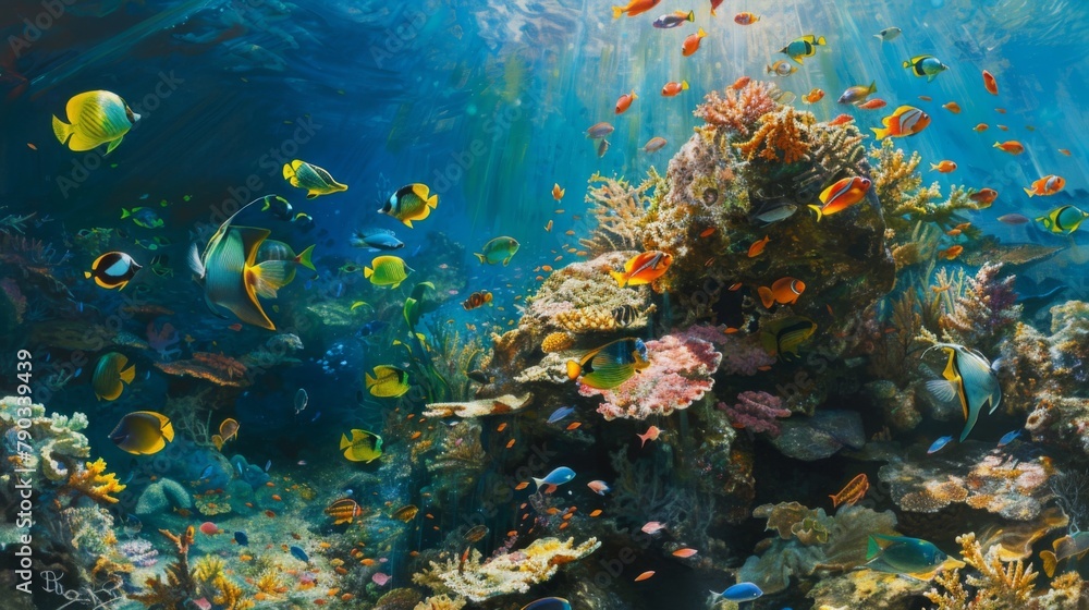 Obraz premium Tropical fish frenzy: A diverse array of tropical fish congregates around a vibrant coral outcrop, creating a bustling underwater scene.