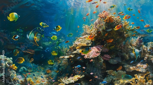 Tropical fish frenzy: A diverse array of tropical fish congregates around a vibrant coral outcrop, creating a bustling underwater scene. © Plaifah