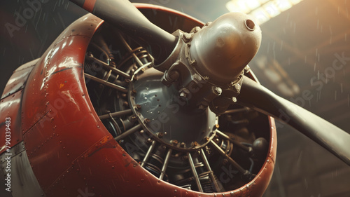 Close-up of vintage propeller airplane engine with red cowling, possibly from classic aircraft